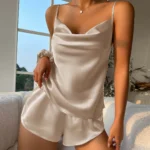 Solid Satin Pajama Set V Neck Cami Top Elastic Waistband Shorts Women's Sleepwear Loungewear - Image 6