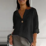 VEITCHE Spring Summer Women’s Shirt Blouses Top V-neck Button Tee Shirts  3/4 Sleeve