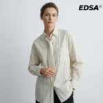 Women Striped Oversize Shirt with Tie Long Sleeves Collared Neck Button-up Tops for Office Lady