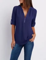 Women Cool Loose Shirt Deep V Neck Chiffon Fashion Blouse Casual Ladies Tops Sexy Zipper Pullover Plus Size