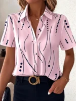 Women’s simple  Dot Line Pattern Shirt Lapel Collar Short Sleeve Casual Button Up Shirts for Outfits Women Clothing