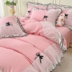 Pink Duvet Cover Queen Size, Ruffle Beddding Set with Bowtie, 3 Pieces Comforter Cover Set with Zipper Closure, Girl Bedding wit