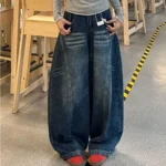 Casual Womens Y2K Loose Baggy Jeans Blue Washed High Street Vintage Cargo Pants Wide Leg Oversized - Image 3