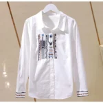 Designer-Inspired Niche Vertical Stripe Slim-Fit Pure Cotton Embroidered Shirt for Women - Image 4