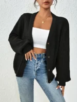 Ladies Elegant Knitted Cardigan Spring Autumn Solid Color Sweater Classy Open Front Warm Top for Women
