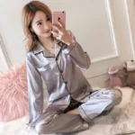 Spring Autumn Silk Pajamas Set for Women Casual Soft Nightwear Tops and Pants Solid Buttons Cardigan Sleepwear Homewear - Image 11