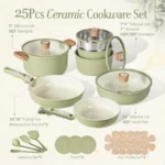 25-Piece Ceramic Cookware Set Nonstick Pots and Pans with Detachable Handle Non-Toxic Green Kitchen Cooking Set Dishwasher Oven - Image 2