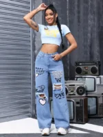 Women's High Waist Button Up Butterfly Print Jeans Fashion Casual Straight Pants for Women - Image 6
