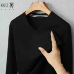 Men's Camel V-neck Long Sleeve Tee Slim Fit Soft Knit Pullover Spring & Autumn Shirt - Image 6