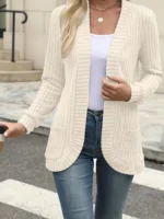 New fashion women’s solid color casual pit stripe brushed cardigan jacket