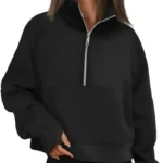 New Women's Spring Autumn Winter Stand Collar Plus Fleece Solid Color Hoodie Long Sleeve Pocket Loose Half Zip Pullover Hoodie - Image 6