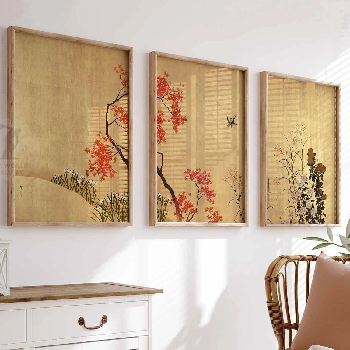 Scd4aa51e8b564d0280d913553a1ee8ebS.webp Japanese Set of 3 Gold Floral Posters Floral Japanese Art Prints Katsushika Hokusai Wall Art Ogata Korin Japanese Decor Gift