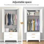 Tall Metal Armoire Wardrobe Closet with 2 Doors and 2 Drawers, Adjustable Hanging Rod and Adjustable Shelf, Freestanding Storage - Image 3