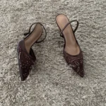 String Bead Mesh Embroider Slingback High Heels Women Sexy Pointed Toe Heeled Sandals - Image 4