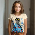 Girl Clothes Summer Cartoon Cat Graphic Children’s Clothing Kids Art Doodling Short Sleeve T Shirt Causal O-Neck Children Top