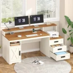 Farmhouse Computer Desk with Drawers, 65” Home Office Desk with Power Outlets, Storage Cabinet and Printer Stand, Customized