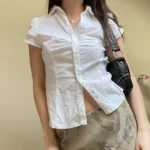 Women Summer Kawaii Solid Shirring Button Up Turn Down Collar Short Sleeve
