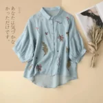 Summer Seven Point Cotton Linen Embroidered Shirt for Women