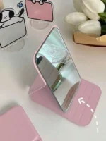 1PC Portable Makeup Mirror, Made Of Polyurethane Leather, Foldable Travel Mirror, Suitable As Gift, Travel Essential, Cosmetics,