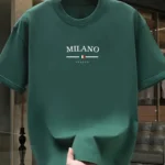 Men’s 100% pure cotton fashionable casual loose Italian style Milan letter printed round neck short sleeved T-shirt top