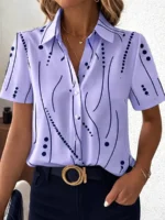 Women’s simple  Dot Line Pattern Shirt Lapel Collar Short Sleeve Casual Button Up Shirts for Outfits Women Clothing