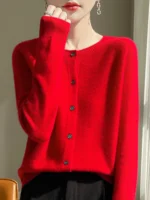 Women 100% Merino Wool Cardigan Soft O-Neck Cashmere Sweater OL Buttoned Knitwear Casual Top Clothing - Image 9