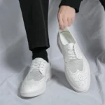 Fashion Derby Leather Men Shoes Summer Breathable White Brogue Lace Up Solid Dress Shoes Business Casual Party Wedding Shoes Men - Image 6