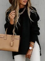 Chunky Knit Oversized Sweater With Side Slit And Mock Neck For Women