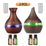 2 PCS 300ml Wood Grain Ultrasonic Humidifier & Essential Oil Diffuser Set with 7 Color LED Lights, Auto Shut-Off + 4 Aromatherap - Image 4