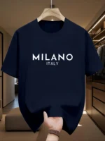 Men’s 100% pure cotton fashionable casual loose Italian style Milan letter printed round neck short sleeved T-shirt top