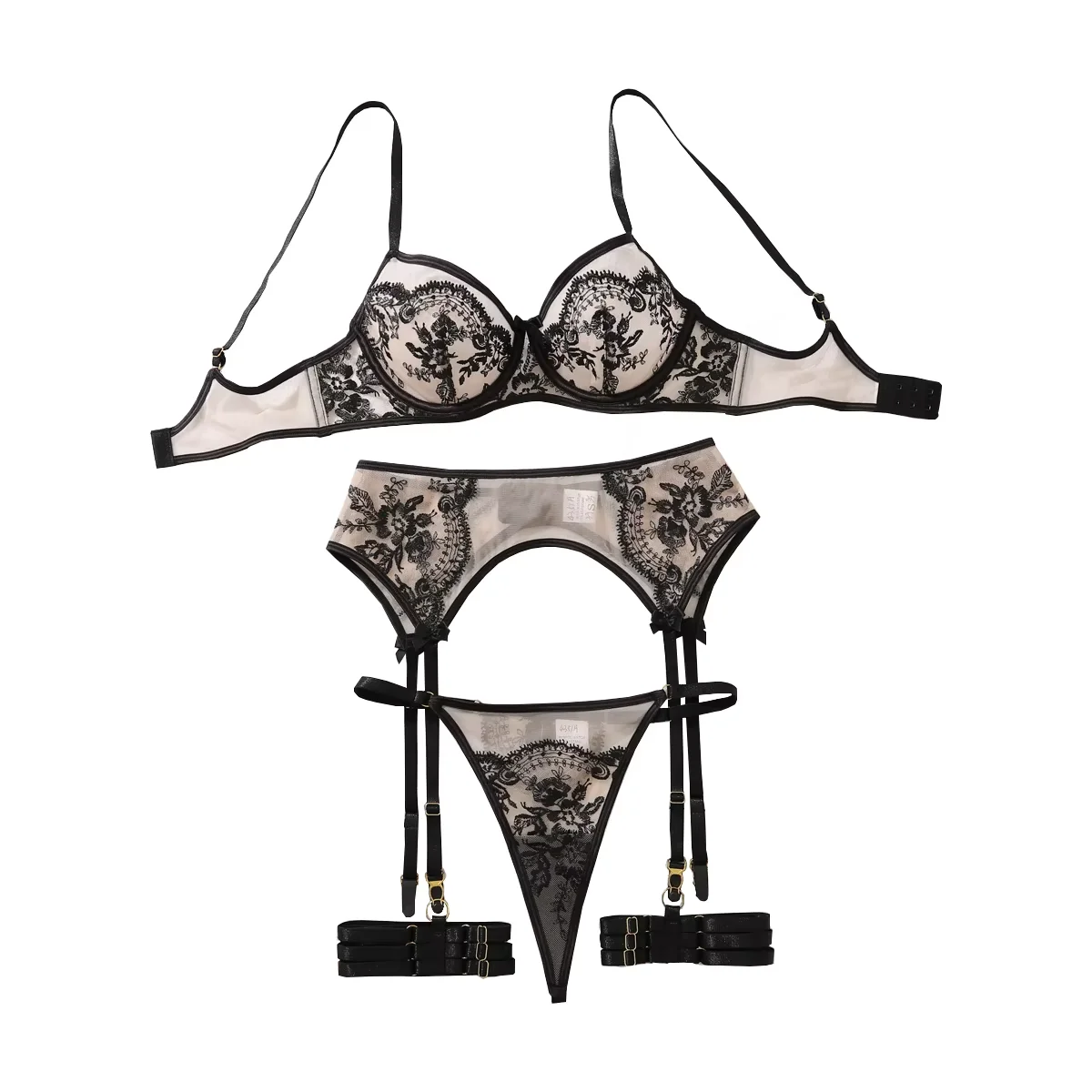 Sd45f19d911544e408ece20e8f2dbb128l.webp AVELINE New 4-piece Women’s Flower Embroidery Lingerie Set Pure Color Mesh Sheer Panty Set