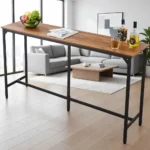 Durable Metal High Top Pub Table, 63x16x36, Perfect for Kitchen Dining, Bar Height Desk, Easy Assembly, Brown