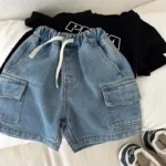 2026 Kids Boys Denim Cargo Shorts 2-8Y Casual Summer Jeans Bottoms Waist Elastic Waistband Children Clothes Outerdoor Boys