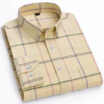 New 100% Cotton Oxford Men’s Shirts Long Sleeves Plaid Soft Regular Fit Formal Dress Shirt Pocket Social Blouse Male Clothes