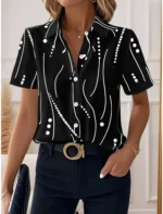 Women’s simple  Dot Line Pattern Shirt Lapel Collar Short Sleeve Casual Button Up Shirts for Outfits Women Clothing