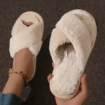 Cross Warm Fluffy Furry Slippers Women Lightweight Flat Heels Fur Slides Woman Autumn Winter