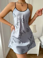 Heart Letter Print Nightdress Casual Round Neck Spaghetti Strap Sleep Dress Women’s Sleepwear Dresses