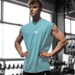 Men’s wide-shoulder sleeveless T-shirt, sports vest, fitness clothes, training brothers show off muscles, loose waistcoat, summe