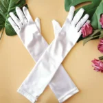 1 Pair Little Girls Long Princess Costume Glove White Dress Up Beading Glove for Kids Party Wedding Birthday