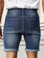 Men’s summer denim shorts, with a blue retro texture. The style is simple, casual, and street-style.