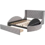 3-Piece Bedroom Set,Queen Size Velvet Upholstered Platform Round Bed and 1 Drawer,2 Side Storage Stool,with Wingback Headboard-G - Image 4