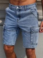 Men's summer blue regular denim shorts. Multi-pocket design. Stylish and casual. - Image 5