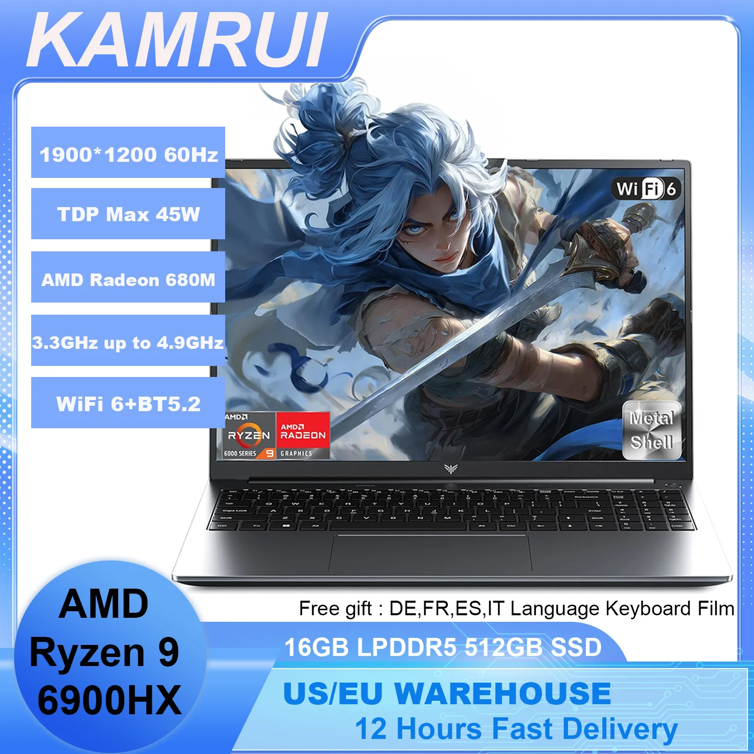 Sdea9ac9b493d42d991fe928351999172J.webp KAMRUI Gaming Laptop 16inch AMD Ryzen 9 6900HX 16GB LPDDR5 512GB M.2 NVMe PCIe3.0 SSD Radeon 680M Win11PRO WiFi6 Backlit KB Book