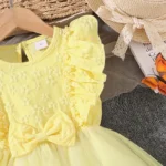 Dress For Girls Yellow O-Neck Fly-Sleeve Tulle Bowknot 8-12 Years Summer Elegant Sweet Style Princess Dress kids Clothing