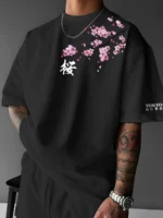Summer Men Cherry Blossom Pattern Japanese Style Loose-Tee Shirt Suitable for Daily Wear 100% Cotton Material Trendy Versatile - Image 2