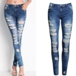 Women Jeans Blue Slim Ripped Jeans for Women Skinny Distressed Washed Stretch Denim M