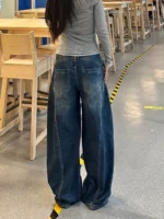 Casual Womens Y2K Loose Baggy Jeans Blue Washed High Street Vintage Cargo Pants Wide Leg Oversized - Image 2