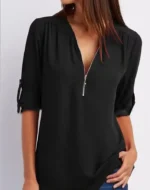 Women Cool Loose Shirt Deep V Neck Chiffon Fashion Blouse Casual Ladies Tops Sexy Zipper Pullover Plus Size