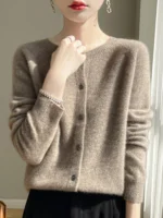 Women 100% Merino Wool Cardigan Soft O-Neck Cashmere Sweater OL Buttoned Knitwear Casual Top Clothing - Image 14