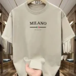 Men’s 100% pure cotton fashionable casual loose Italian style Milan letter printed round neck short sleeved T-shirt top